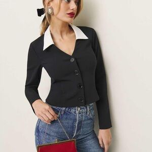 Reformation Pia Knit Top Black Blazer with White Collar